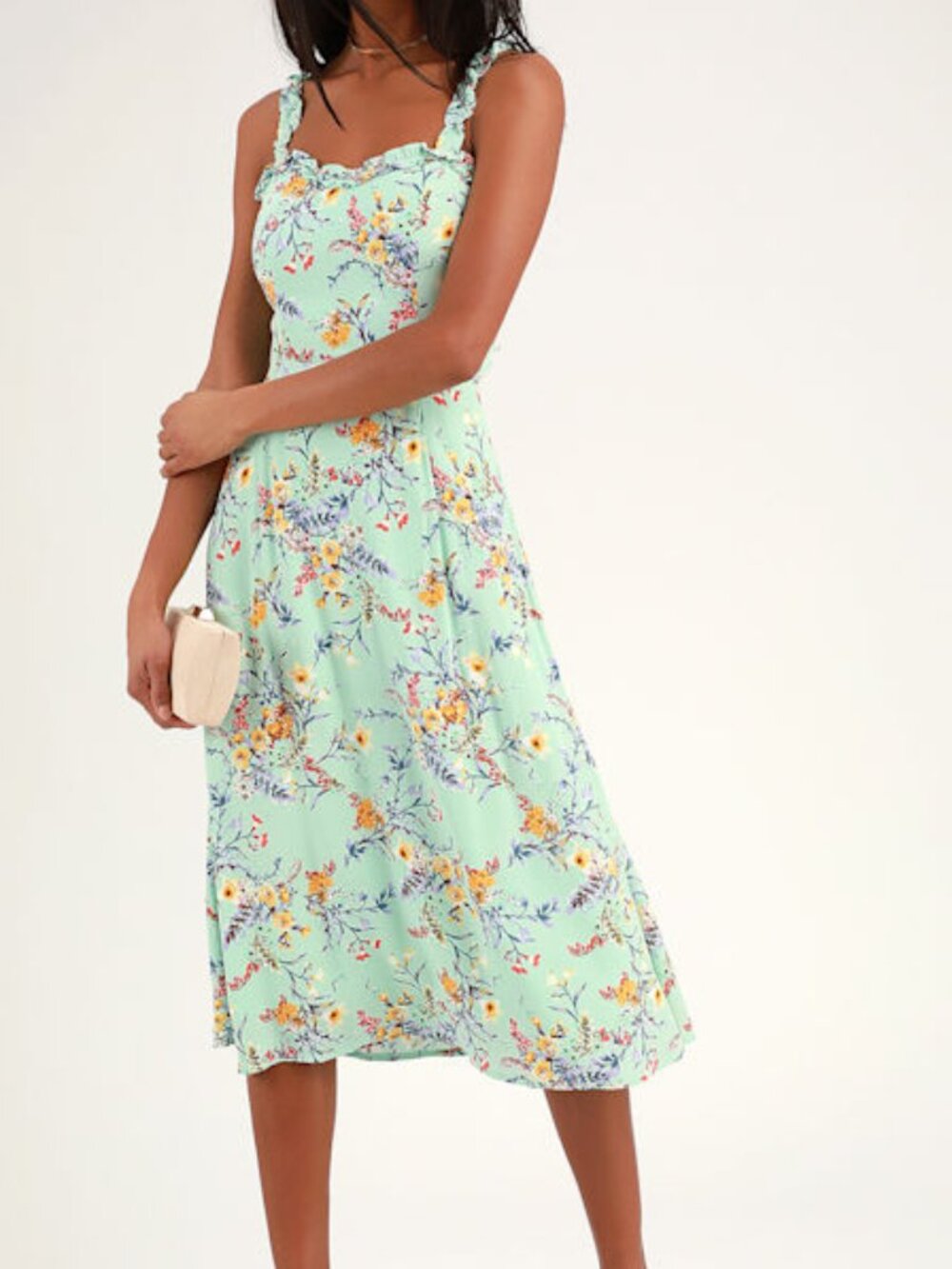 Lulus Sunny Meadow Sage Green Floral Print Tie-back Midi Dress - Size L